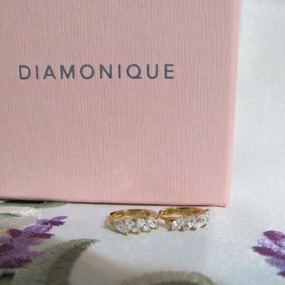 Marquise Cut Diamonique CZ Huggie Hoop Earrings 14K Yellow Gold Plated Silver - Picture 3 of 16
